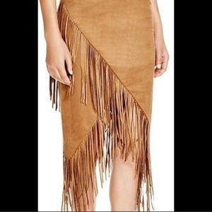 Olivaceous Faux Suede Camel Fringe Skirt
